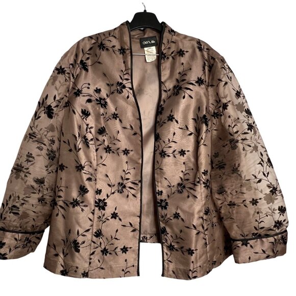 Onyx Nite Floral Embroidered Open Front Jacket Plus Size 26 Brown  Black Elegant - Picture 1 of 16